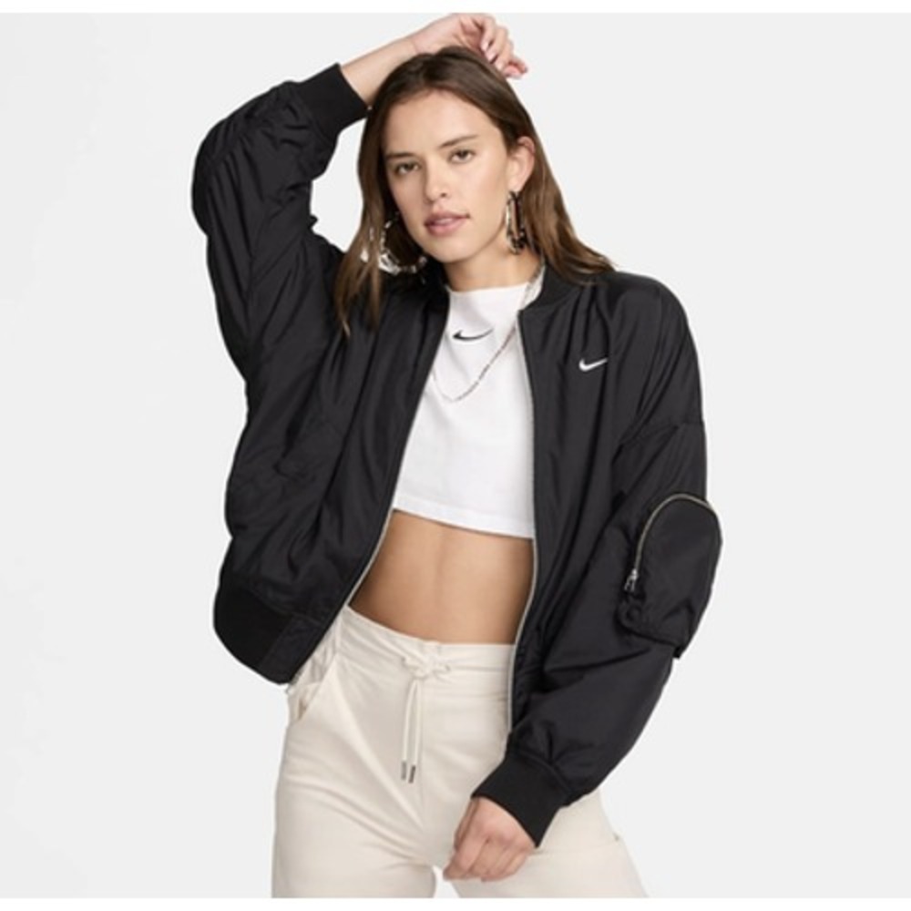 Nike Bomber Jacket Womens Medium Black Oversized Windbreaker Full Zip Pockets